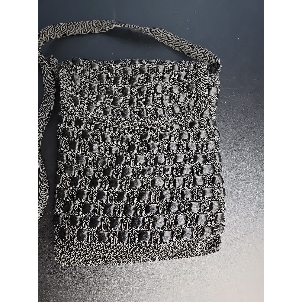 Crossbody Black Knit Crochet Ribbon Purse H8.5"X W 7" Flap & Zipper Closure Vtg
